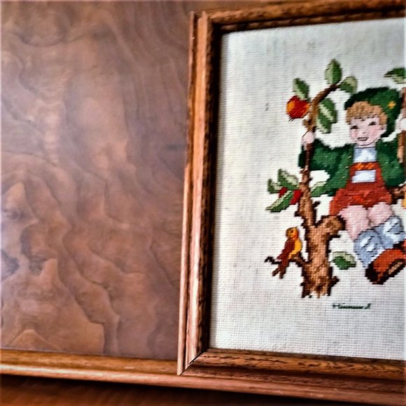 Vintage Hummel NeedlePoint “Boy Lederhosen Peach/Apple Tree Framed - Picture 4 of 7